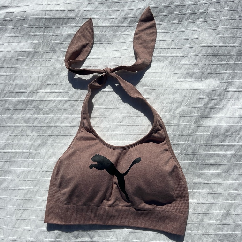 NWOT PUMA Seamless Halter Sports Bra Logo Print in Nude, S - Picture 2 of 7